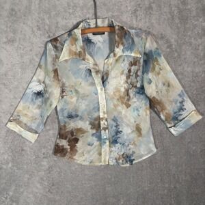 Mandee Vintage Y2K Watercolor Floral Button Down Blouse Blue Brown 3/4 Sleeve L